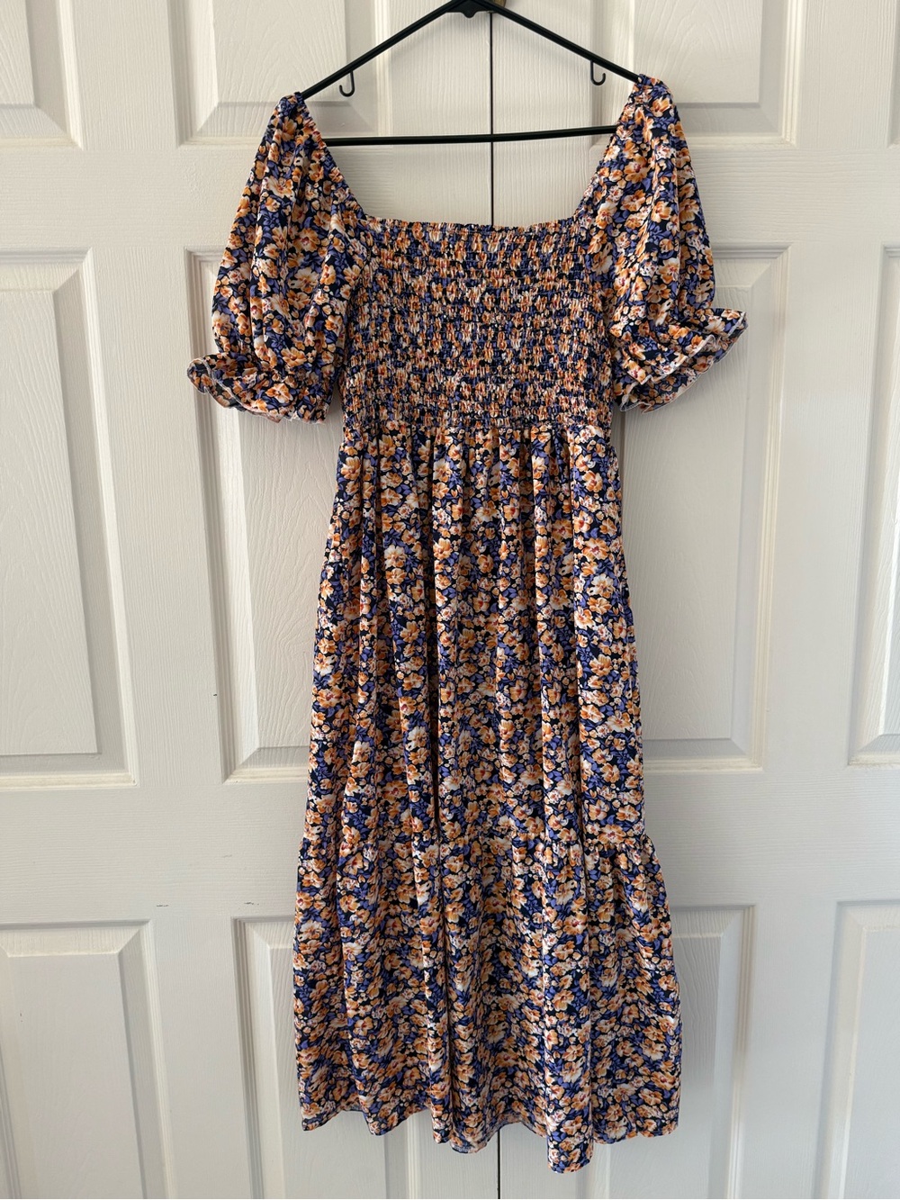 Floral Smocked maternity Midi Dress - Navy & Peach - Picture 2 of 2